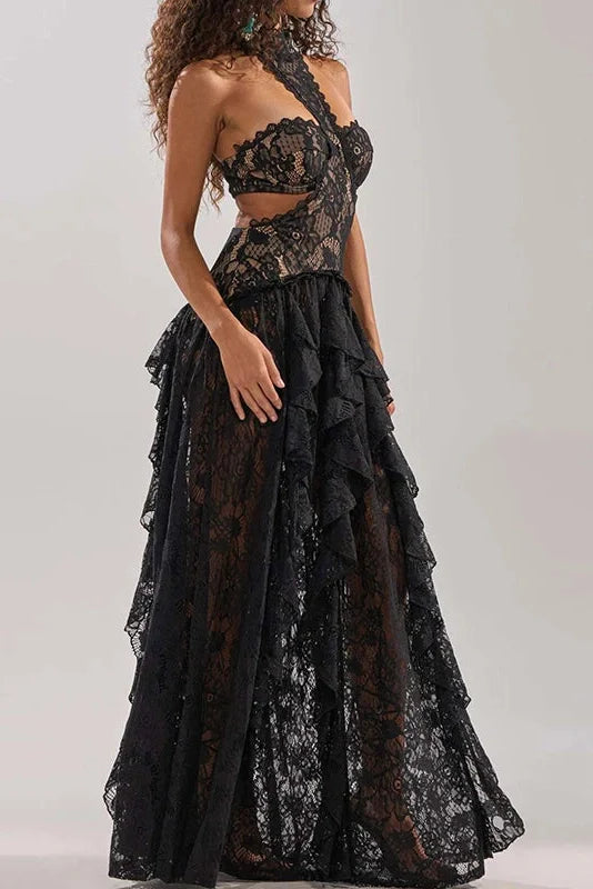 Lace Hollow Out Sleeveless High Waist Pleated Maxi Dress