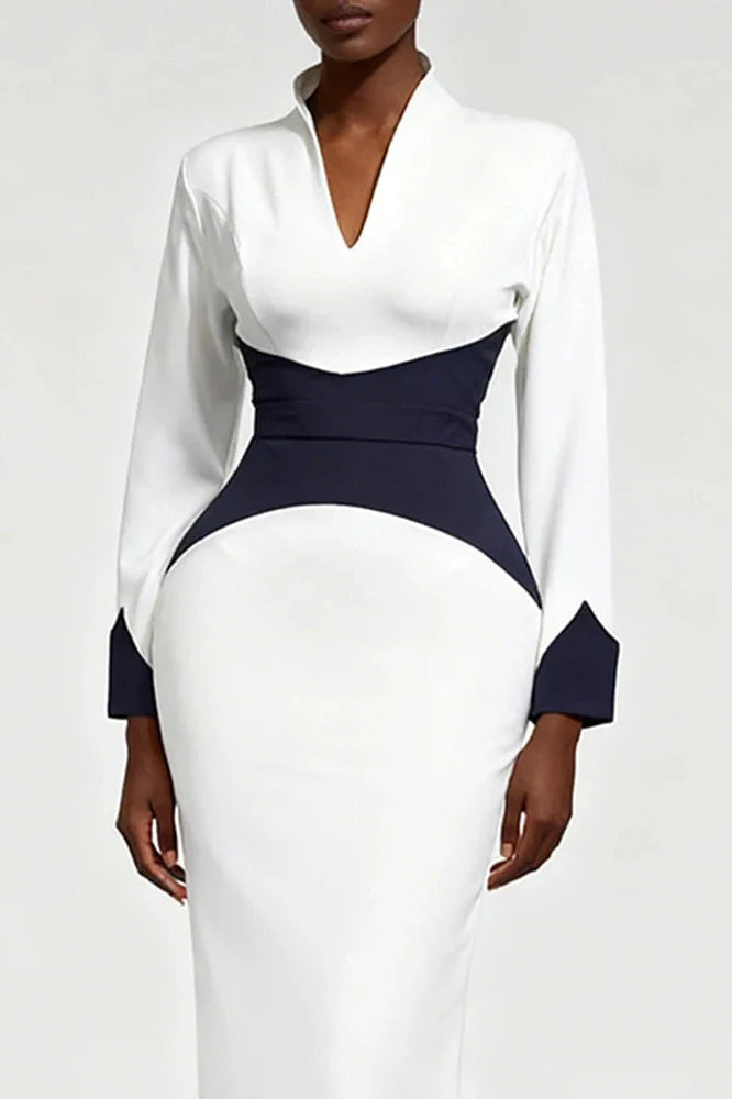 Elegant Long Sleeve Bodycon Deep V-Neck Slim Midi Dress