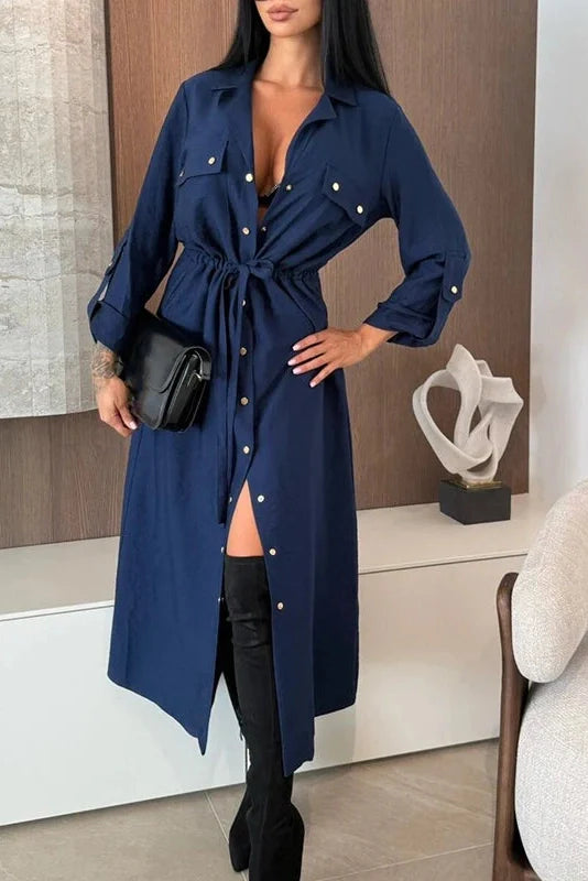 Elegant Single Breasted Lace Up High Waist Midi Dress
