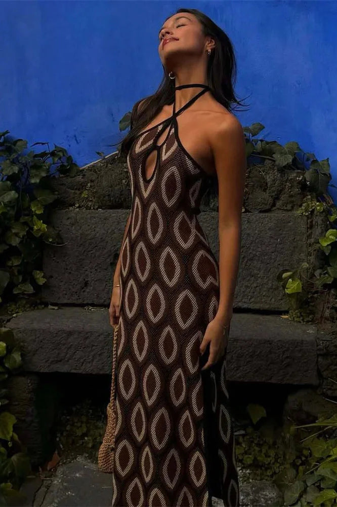 Hollow Out Printed Backless Maxi Dress