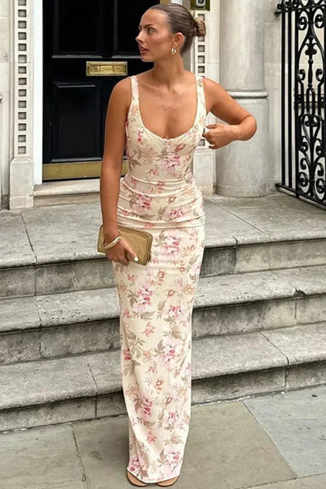 Backless Print Sleeveless High Waist Bodycon Maxi Dress