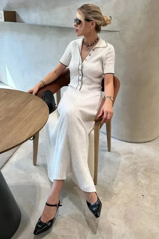 Short Sleeve Patchwork High Waist Midi Dress