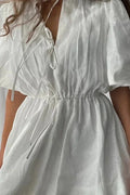 Lace-Up Short Sleeve V-Neck High Waist Mini Dress
