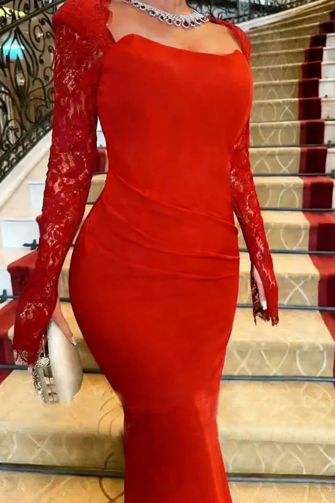 Long Sleeve Pleated Bodycon Square Collar Lace Slim Maxi Dress