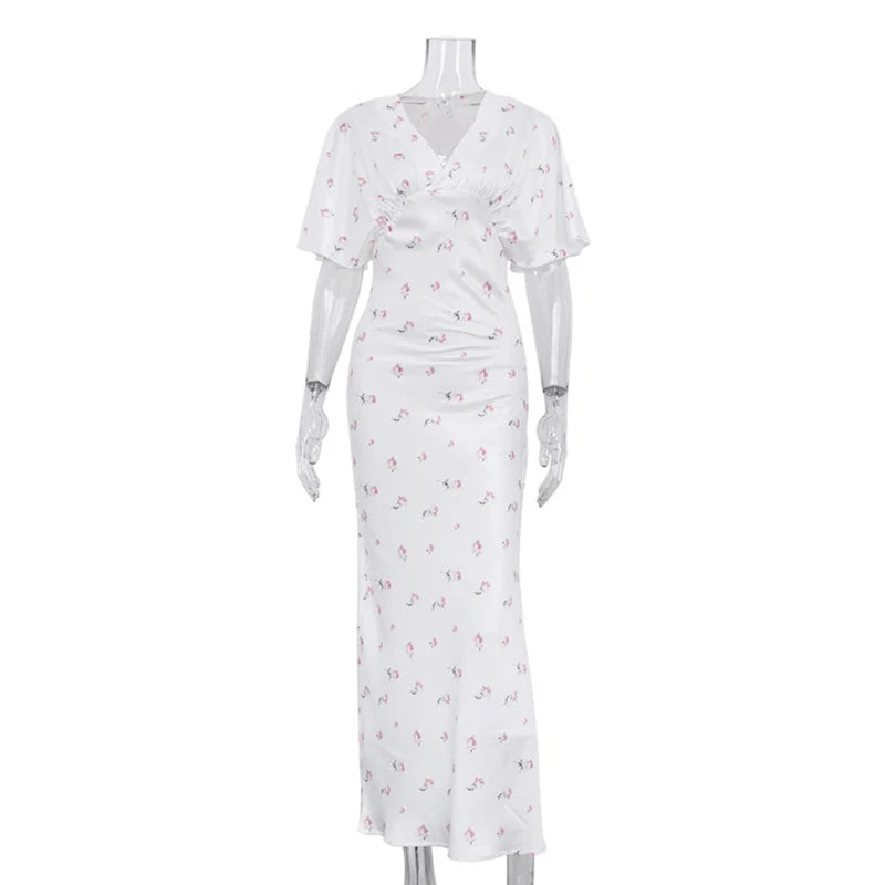 Printed V-Neck Short Sleeve Maxi Dress