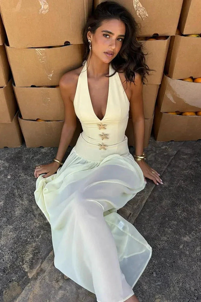 Backless Deep V Neck Sleeveless Maxi Dress