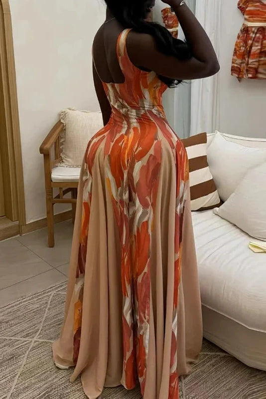Printed High Waist Pleated Slim Sleeveless Maxi Dress