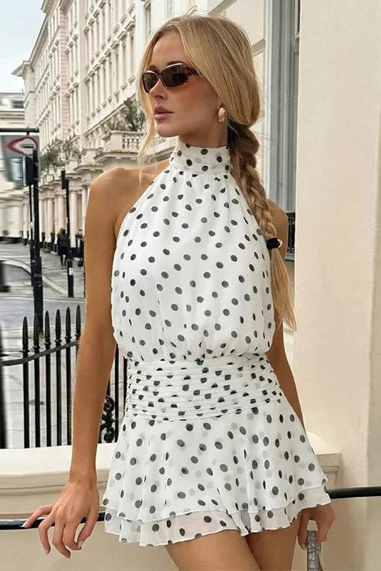 Polka Dot Print Tie Backless A-Line Slim Mini Dress