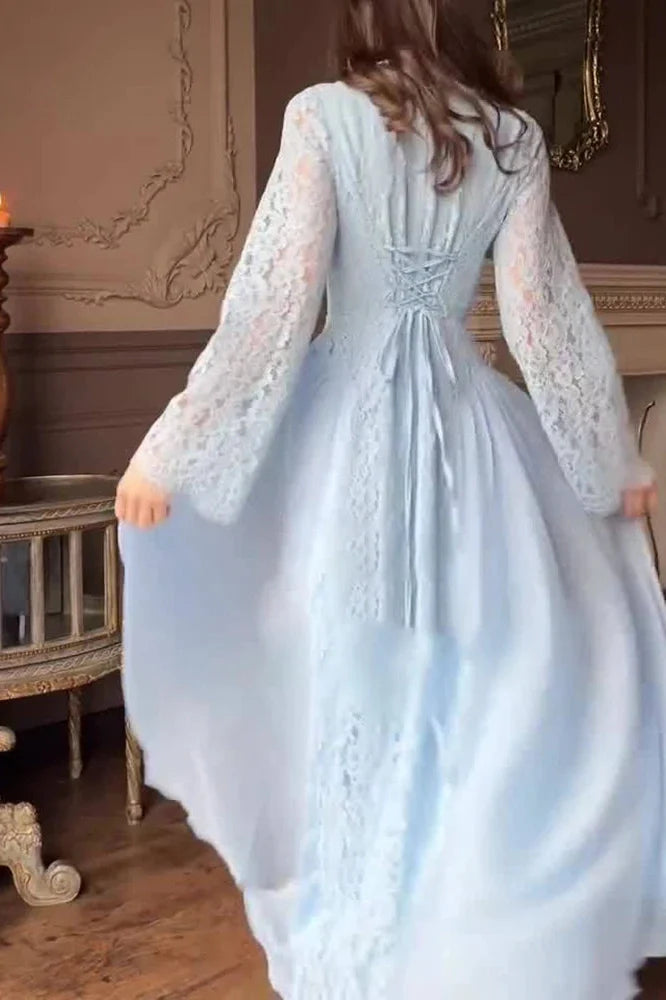 O-Neck Long Sleeve Pleated High Waist Lace Maxi Dress