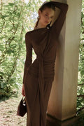 Elegant Pleats Slim-Fit Long-Sleeved Irregular Maxi Dress