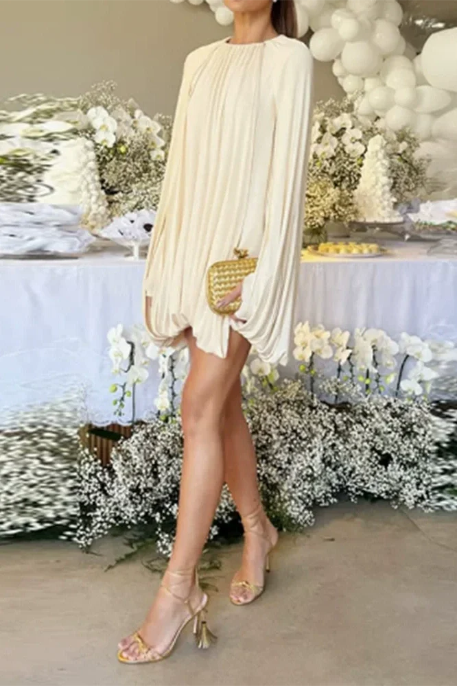 Elegant High Waist A-Line O-Neck Long Sleeve Mini Dress