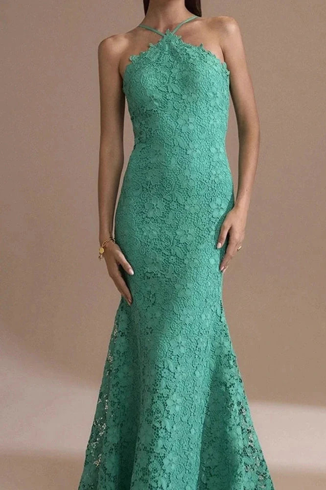 Elegant Sleeveless Fit Backless Off-Shoulder Lace Embroidery Maxi Dress