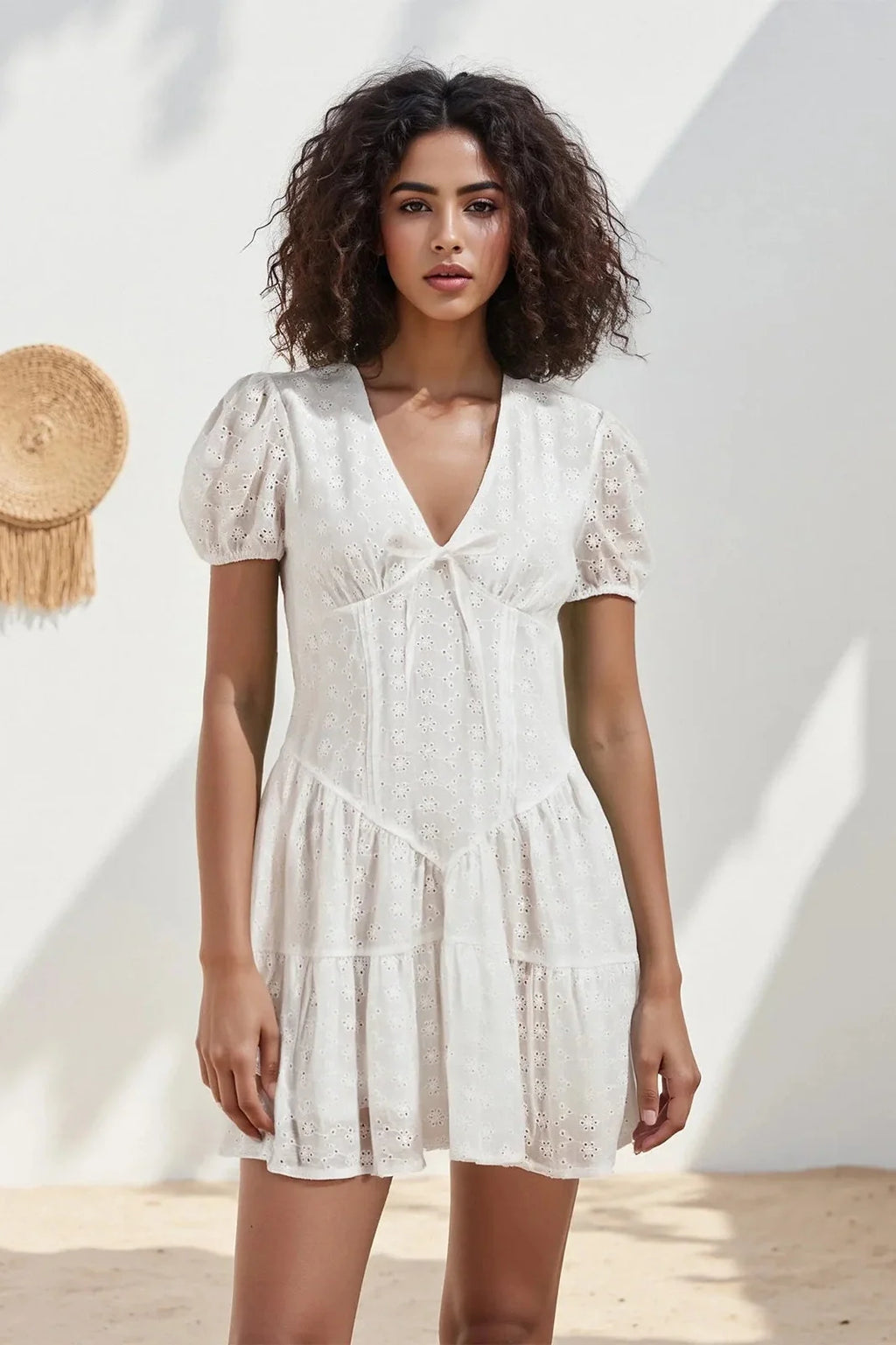 Short Sleeve V Neck A-Line Mini Dress