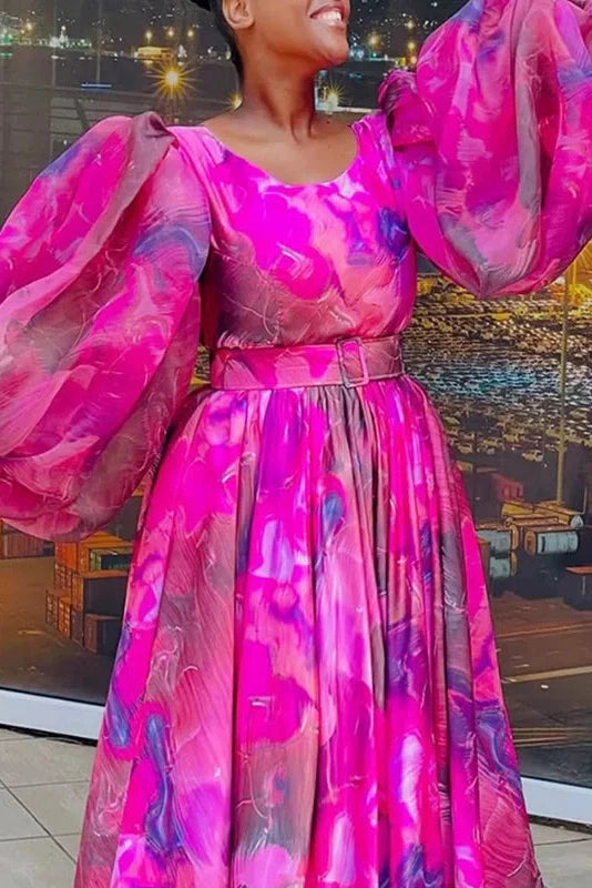 Square Collar Pleated High Waist Printed Long Sleeve Maxi Dress