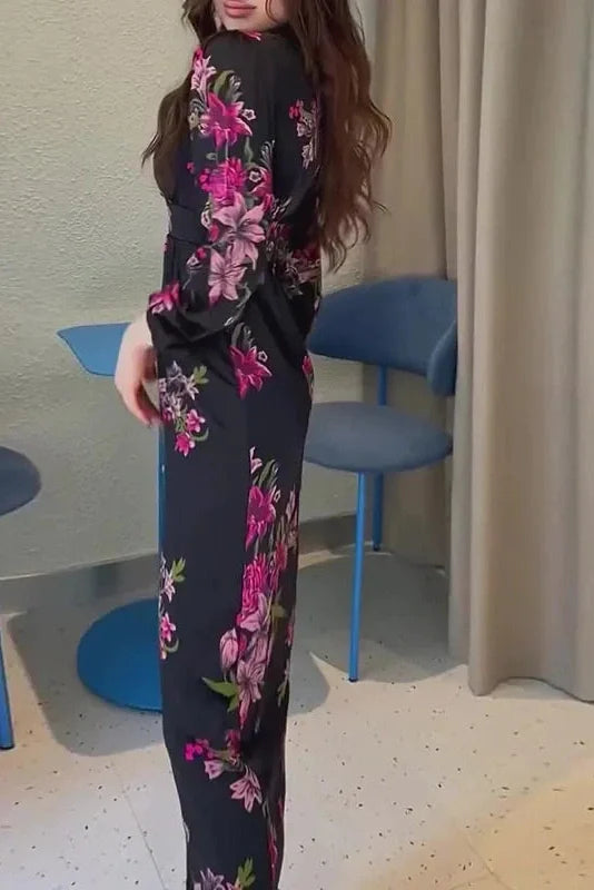 V-Neck Printed Long Sleeve Slim High Waist Maxi Dress