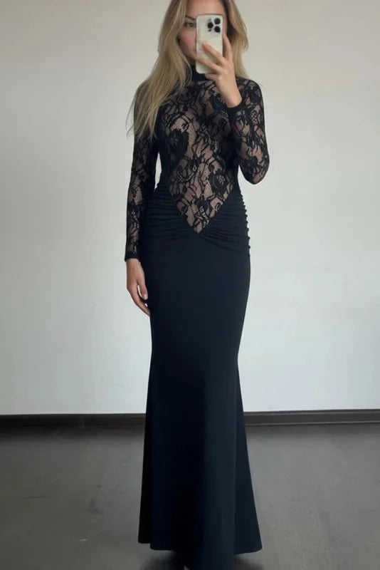 Lace Slim See-Through Long-Sleeved High-Waisted Maxi Dress