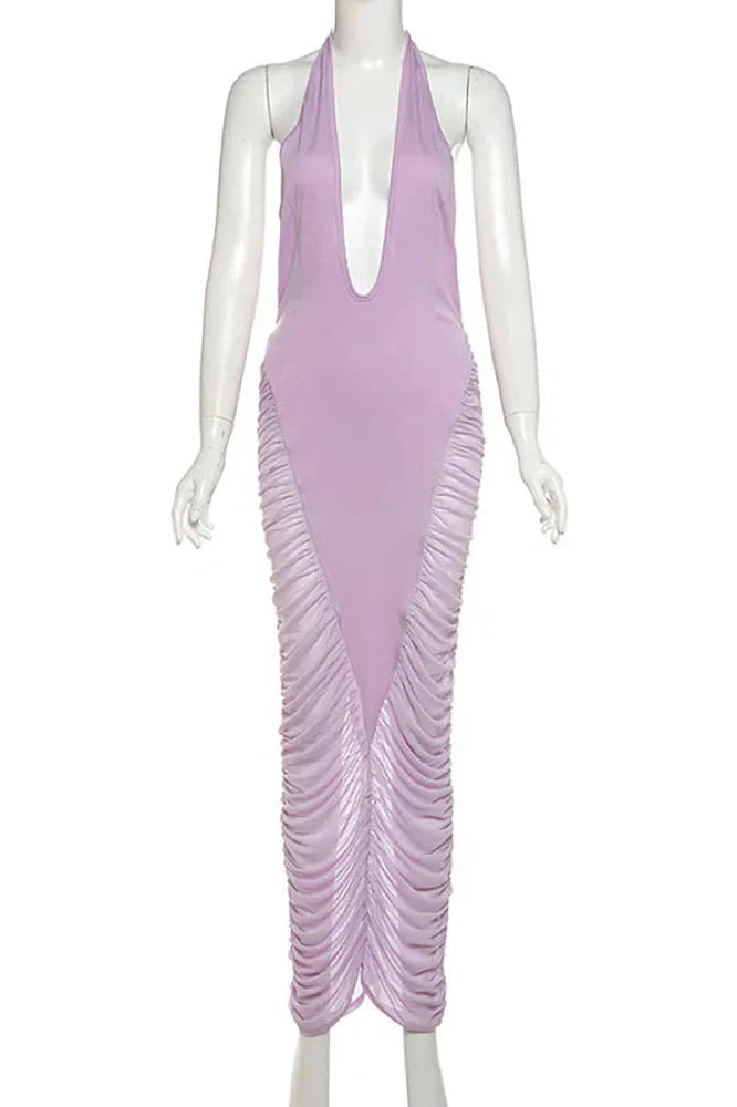 Deep V Neck Patchwork Mesh High Waist Maxi Dress