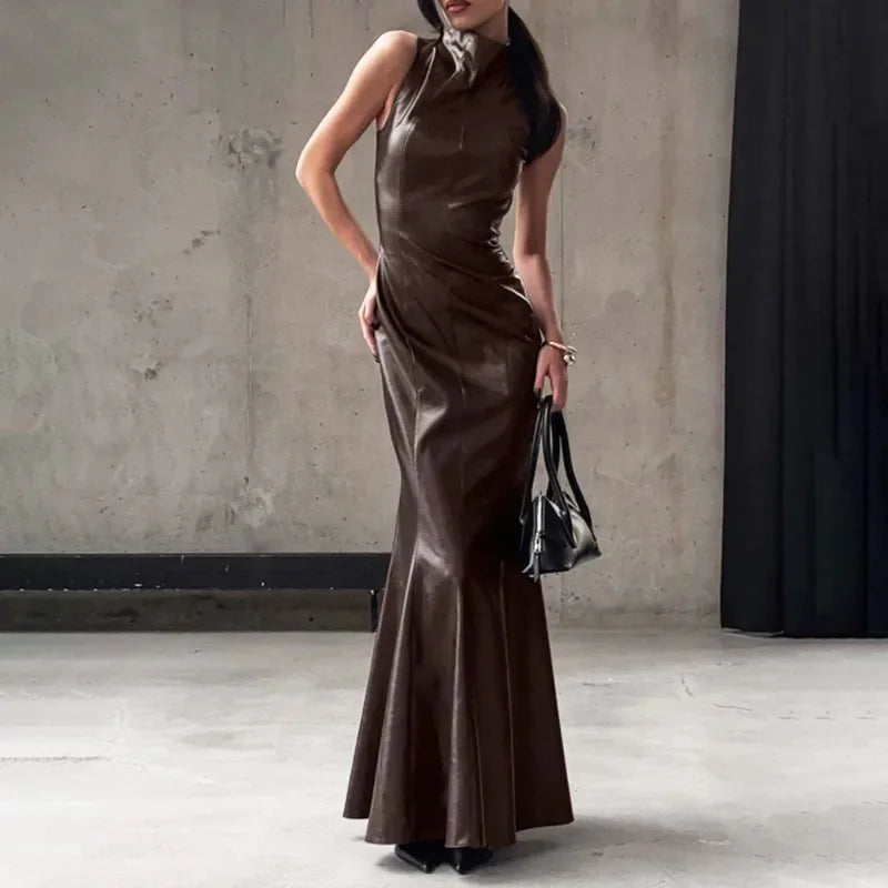 PU Leather Patchwork High Waist Sleeveless Maxi Dress