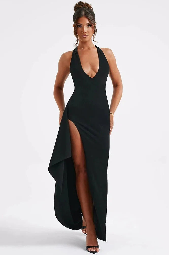 Deep V Neck Sleeveless Backless Split Bodycon Maxi Dress