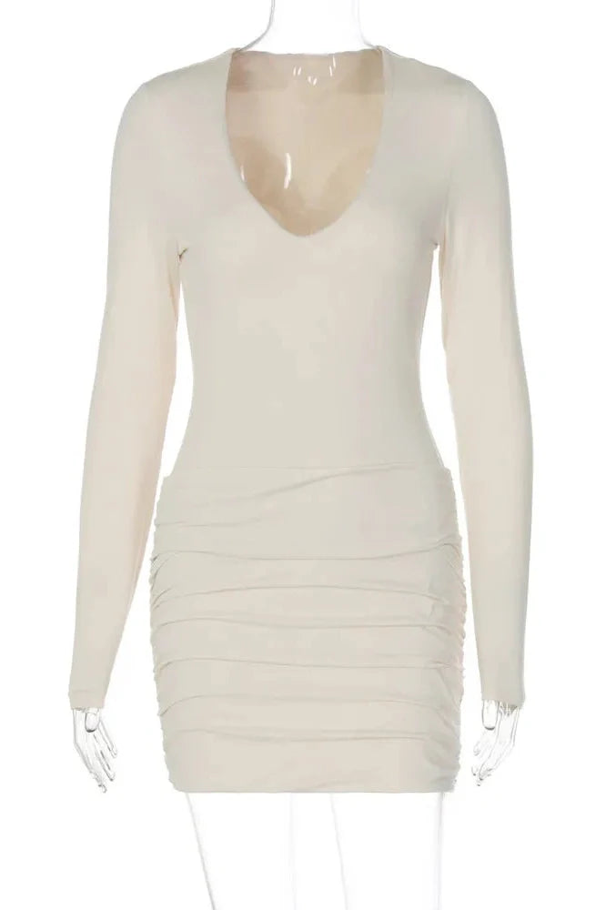 Deep V Neck Long Sleeve High Waist Mini Dress