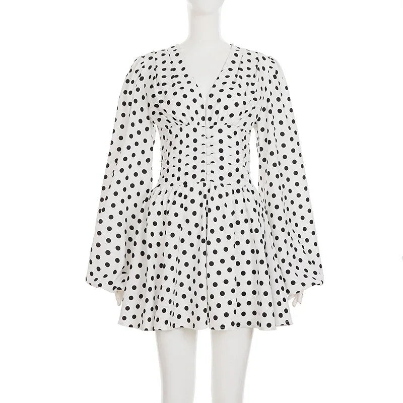 Polka Dot Print Deep V-Neck Single-Breasted Mini Dress