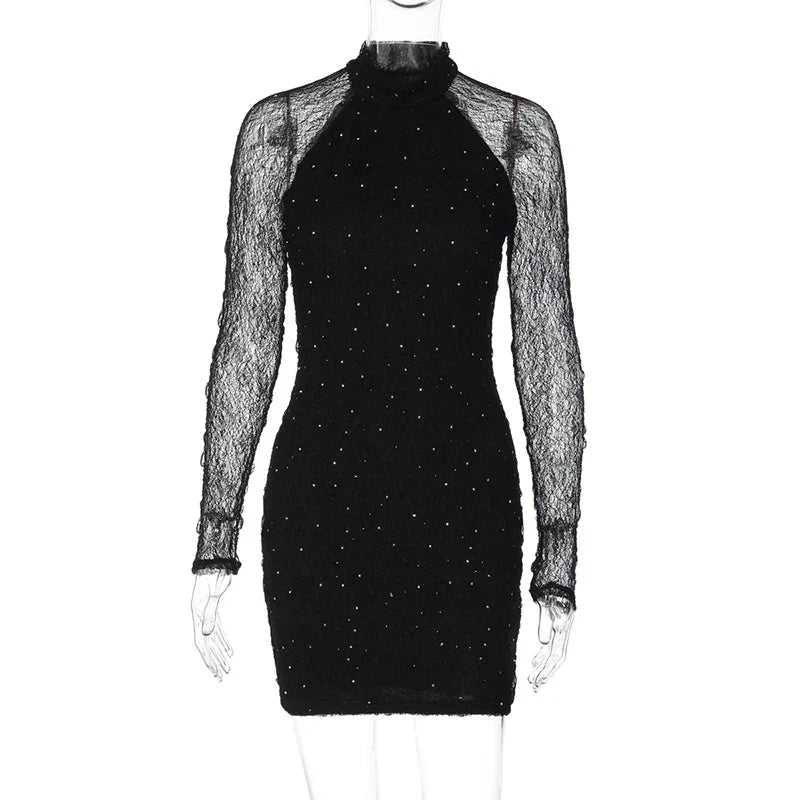 Lace See Through Long Sleeve Mini Dress