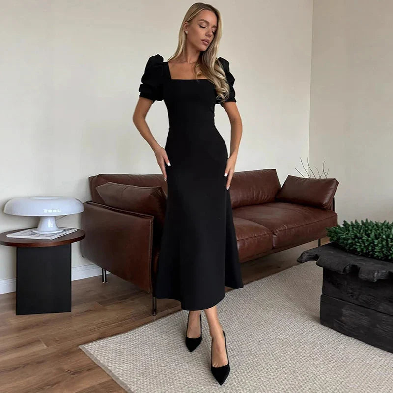 Square Collar Slim Short Sleeve High Waist Midi Dress