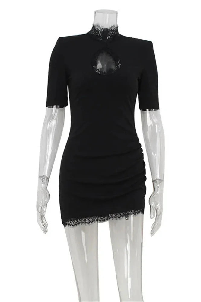 Lace Hollow Out Patchwork Short Sleeve Slim Mini Dress