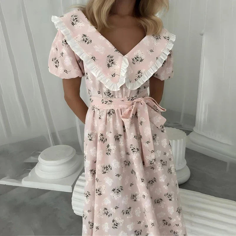 Printed Short Sleeve Lace-Up Midi Dress
