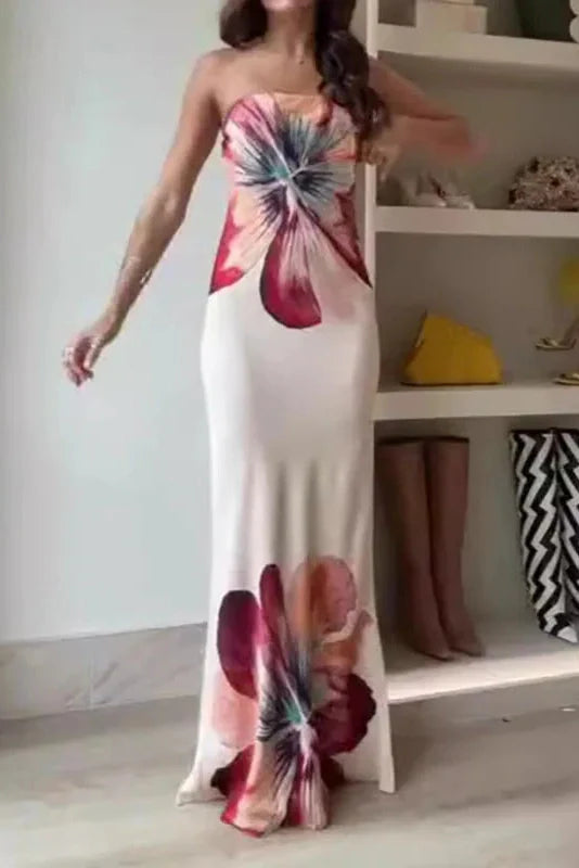 Printed Off Shoulder Slim Backless Strapless Maxi Dress