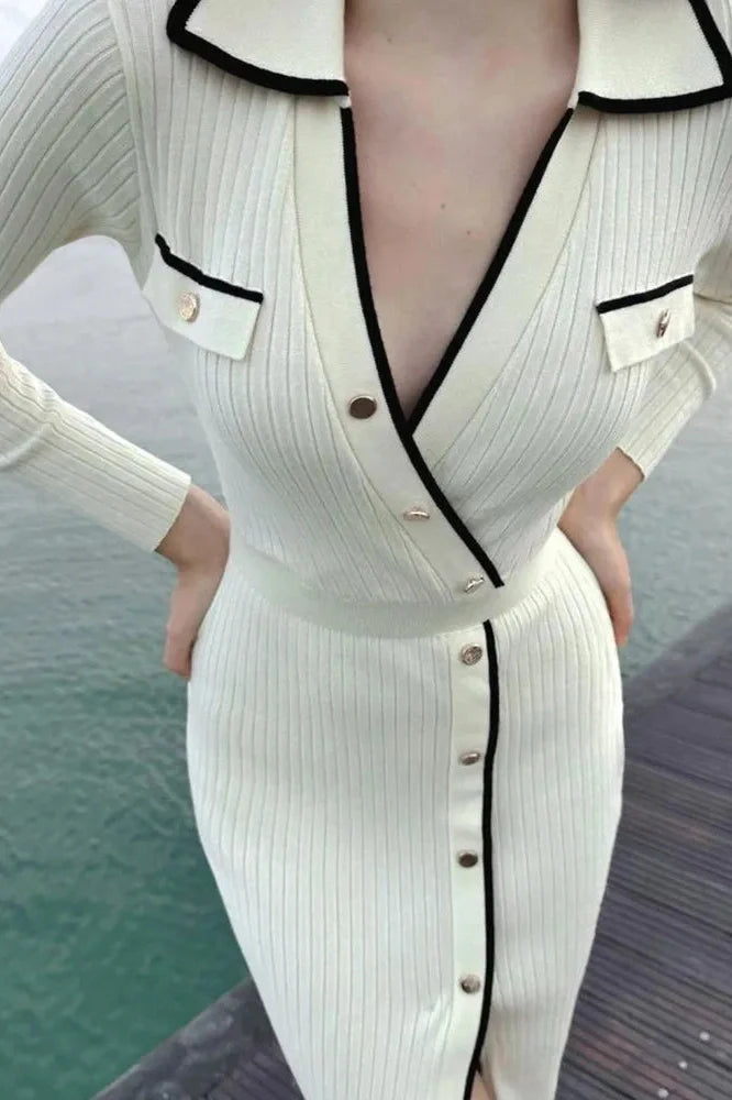 Patchwork Knit Slim Lace-Up High Waist Split Midi Dress