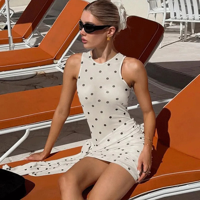 Polka Dot Lace-Up Printed Patchwork Sleeveless Mini Dress