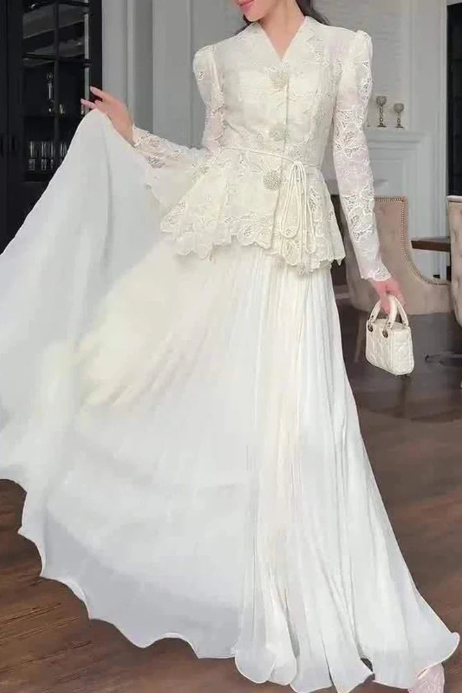 Elegant High Waist Long Sleeve Lace Embroidery Slim Maxi Dress
