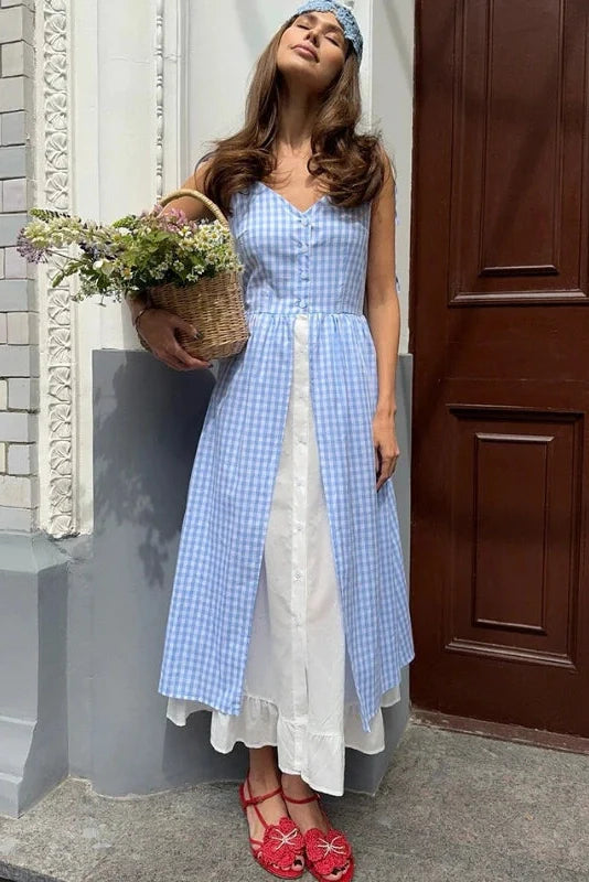 Elegant Plaid Patchwork Two-Piece Single-Breasted Midi Dress
