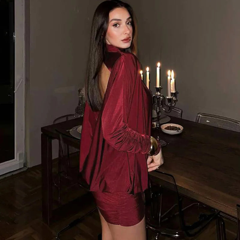 High Neck Patchwork High Waist Backless Mini Dress