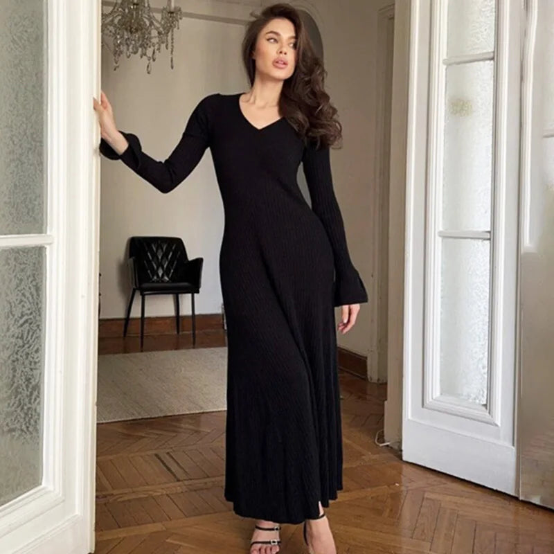 V-Neck High Waisted Long Sleeve Maxi Dress