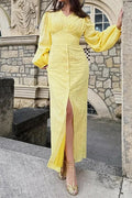Elegant Hollow Out V-Neck High Waist Lantern Sleeve Maxi Dress