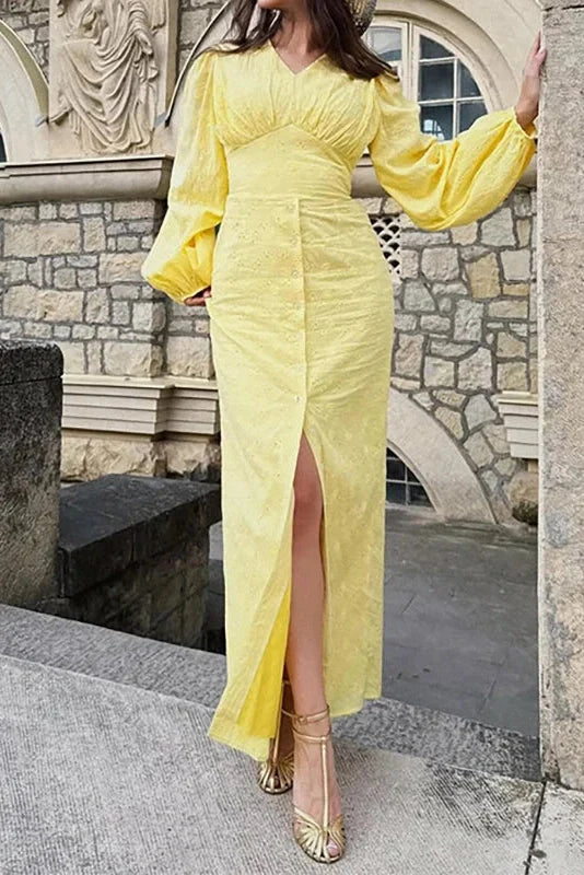 Elegant Hollow Out V-Neck High Waist Lantern Sleeve Maxi Dress