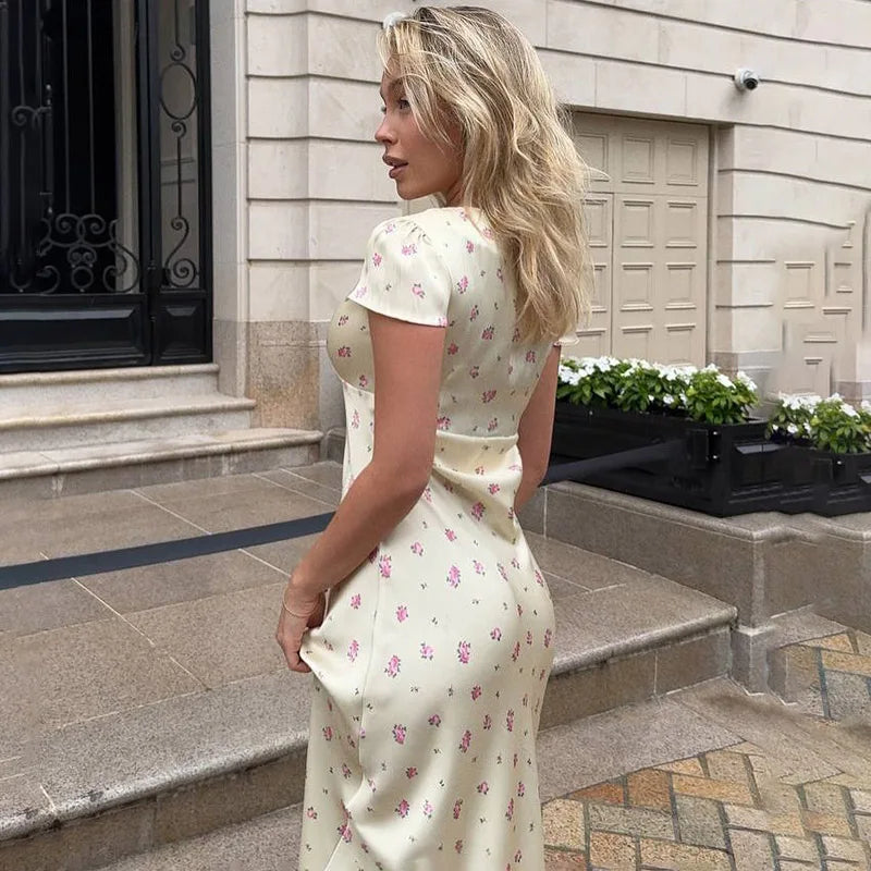 Printed Short Sleeve V Neck High Waist Midi Dress
