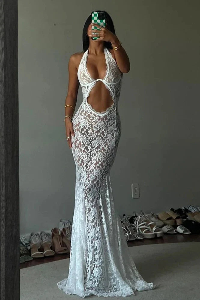 Lace Printed Backless See-Through Patchwork Maxi Dress