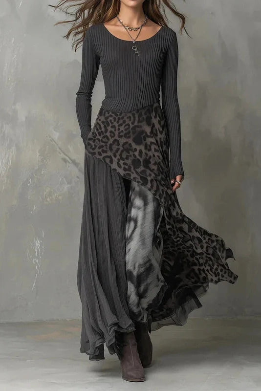 Pleated Knitted O-Neck Printed Long Sleeve High Waist Maxi Dress