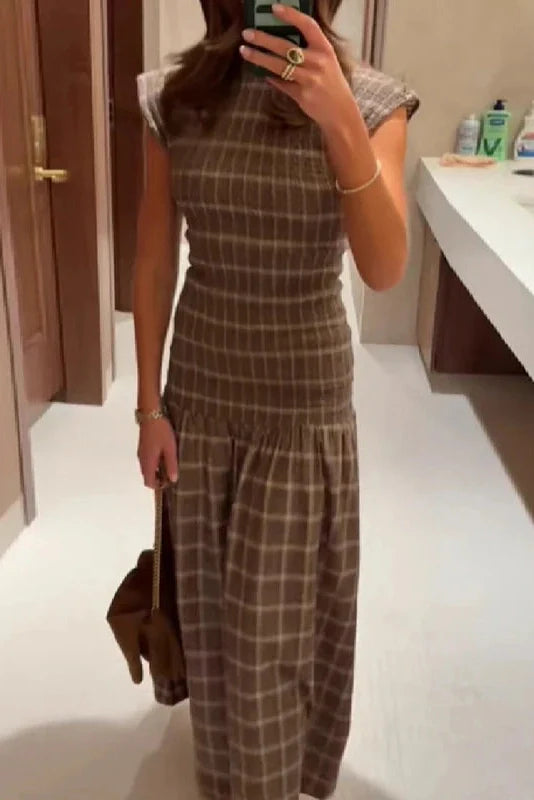 O-Neck Short Sleeve High Waist Pleated Printed Slim Maxi Dress