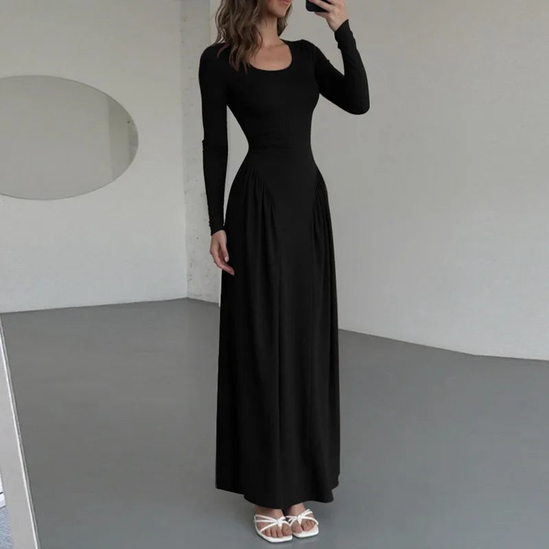 Elegant Square Neck Patchwork Long Sleeve Maxi Dress