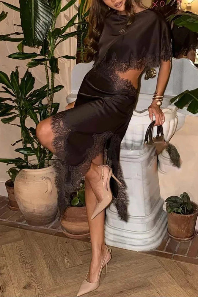 Elegant Hollow Waist O-Neck Lace Loose Pleated Midi Dress