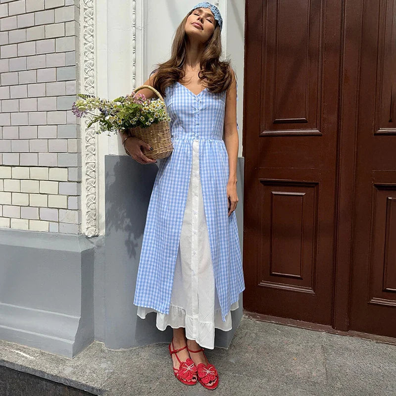 Plaid Printed Single Breasted Maxi Dress