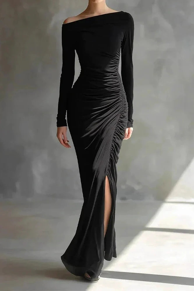 Elegant High Waist Split Long Sleeve Slash Collar Maxi Dress