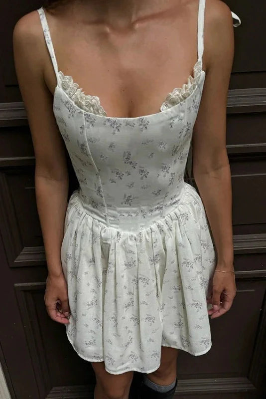 Elegant Floral Print Pleated Straps Sleeveless Slim Mini Dress