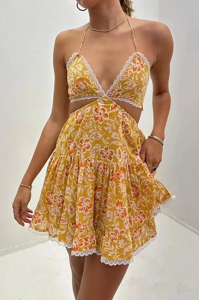 Spaghetti Strap Backless Lace Mini Dress