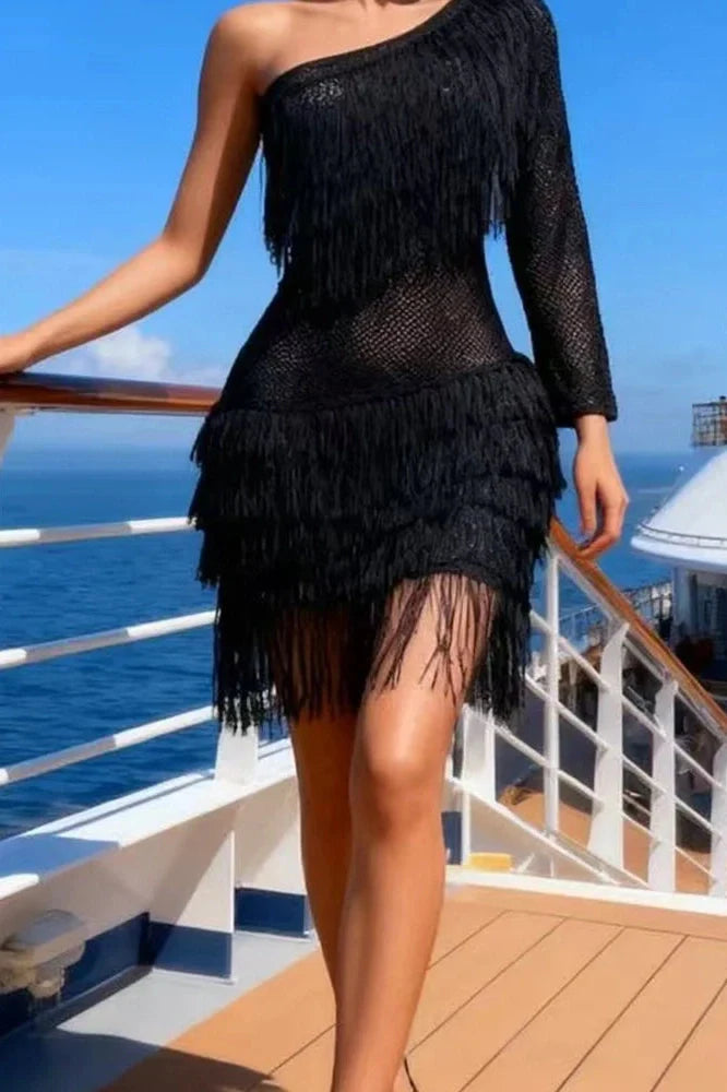 Hollow Out High Waist Pleated Slash Collar Mini Dress