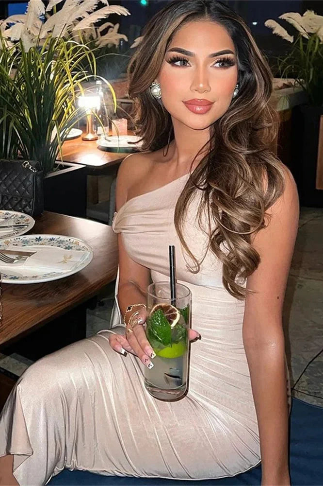 One-Shoulder Patchwork Slim Sleeveless Midi Dress